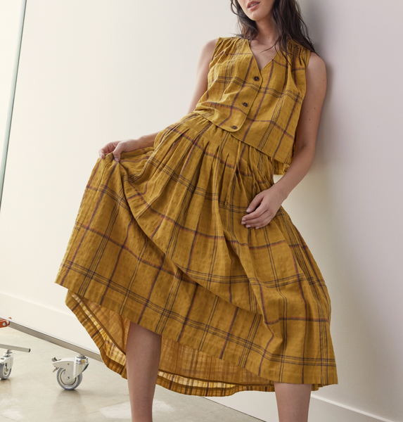 Drawstring Cotton Plaid Skirt