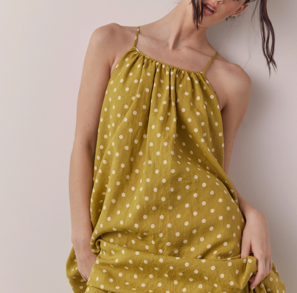 Linen Polka Dot Back Tie Ankle Dress