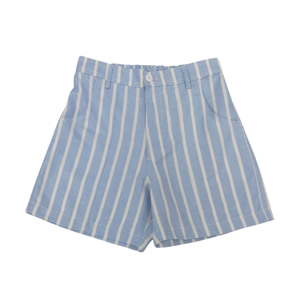 Blue and white striped shorts on a white background
