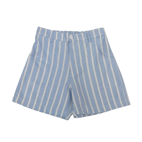 Blue and white striped shorts on a white background