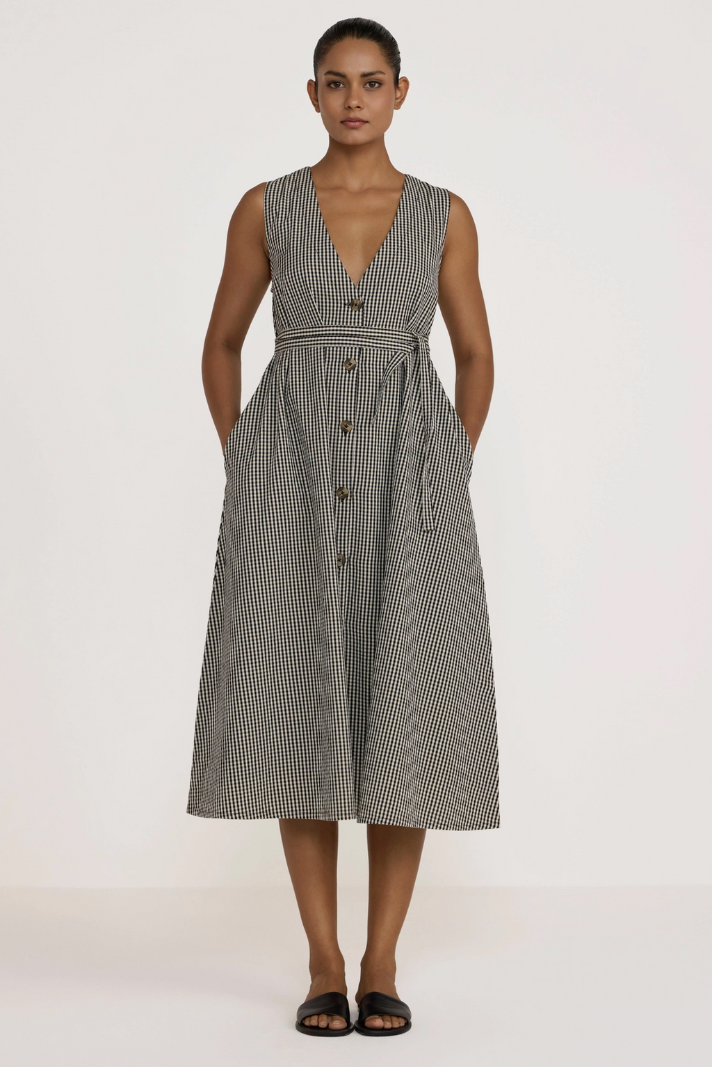 Gingham V Neck Midi Dress