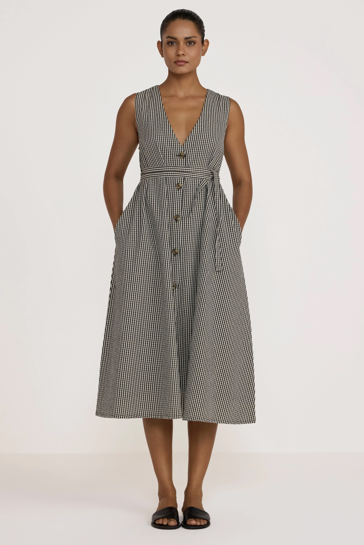 Gingham V Neck Midi Dress