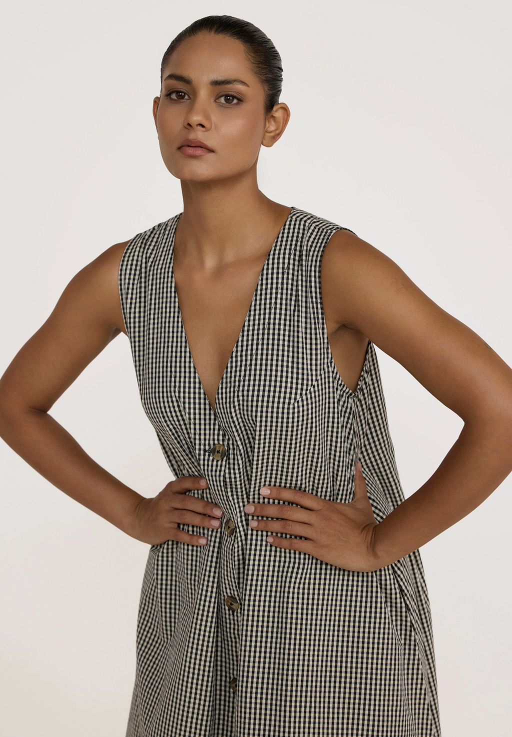 Gingham V Neck Midi Dress