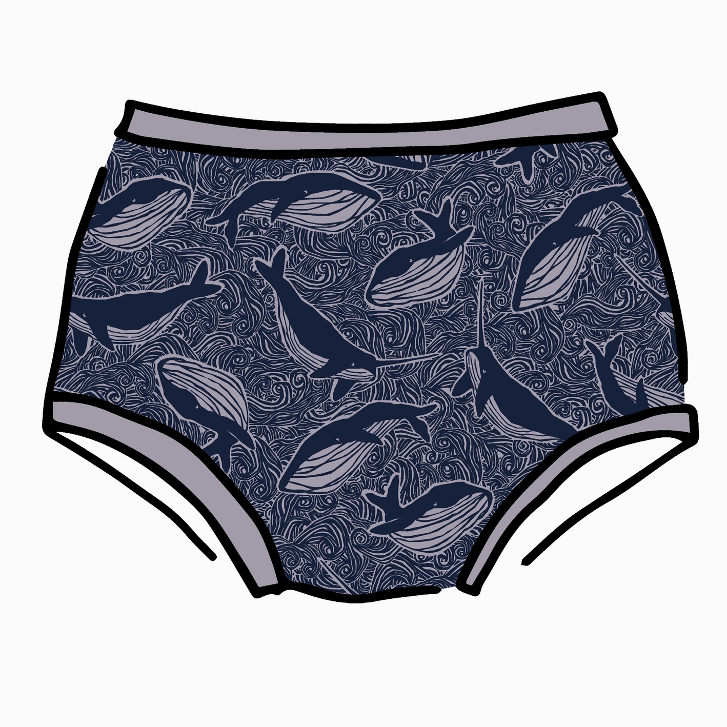 Navy blue underwear with whale pattern on a white background