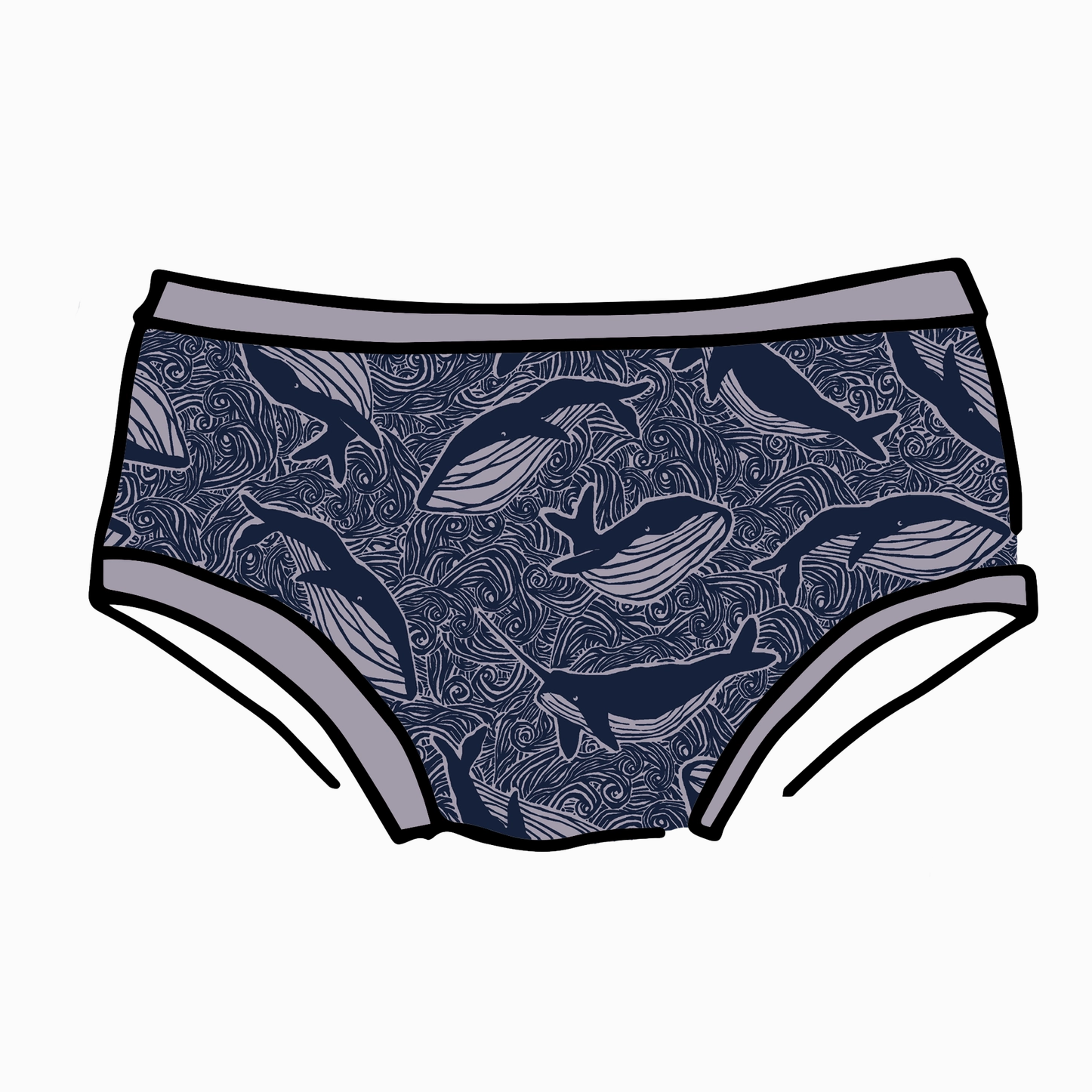 Navy blue men's underwear with whale pattern on a white background