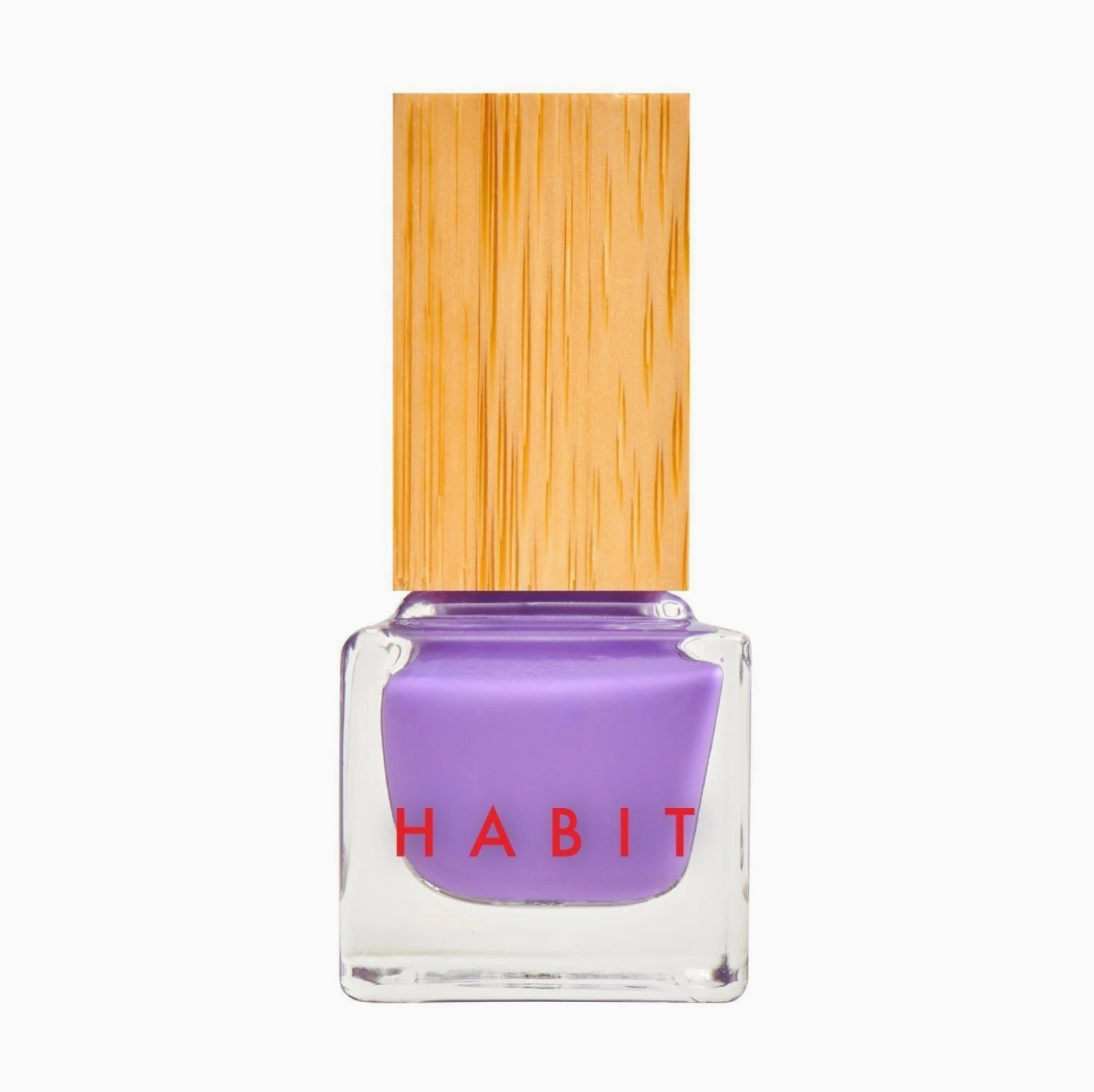 Purple nail polish bottle with a wooden cap on a white background