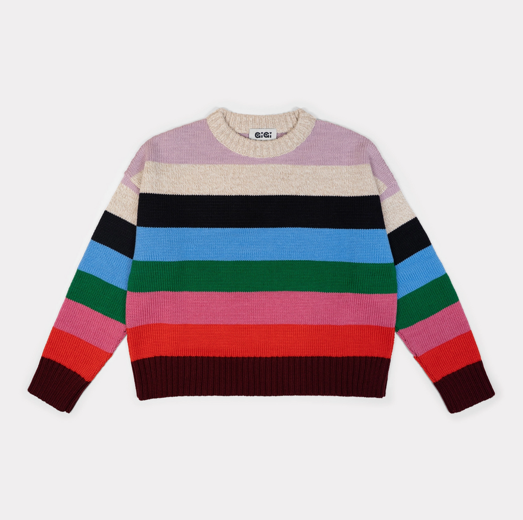Multicolored striped sweater on a light gray background
