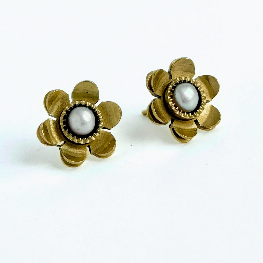 Bloom Pearl Brass Stud Earrings