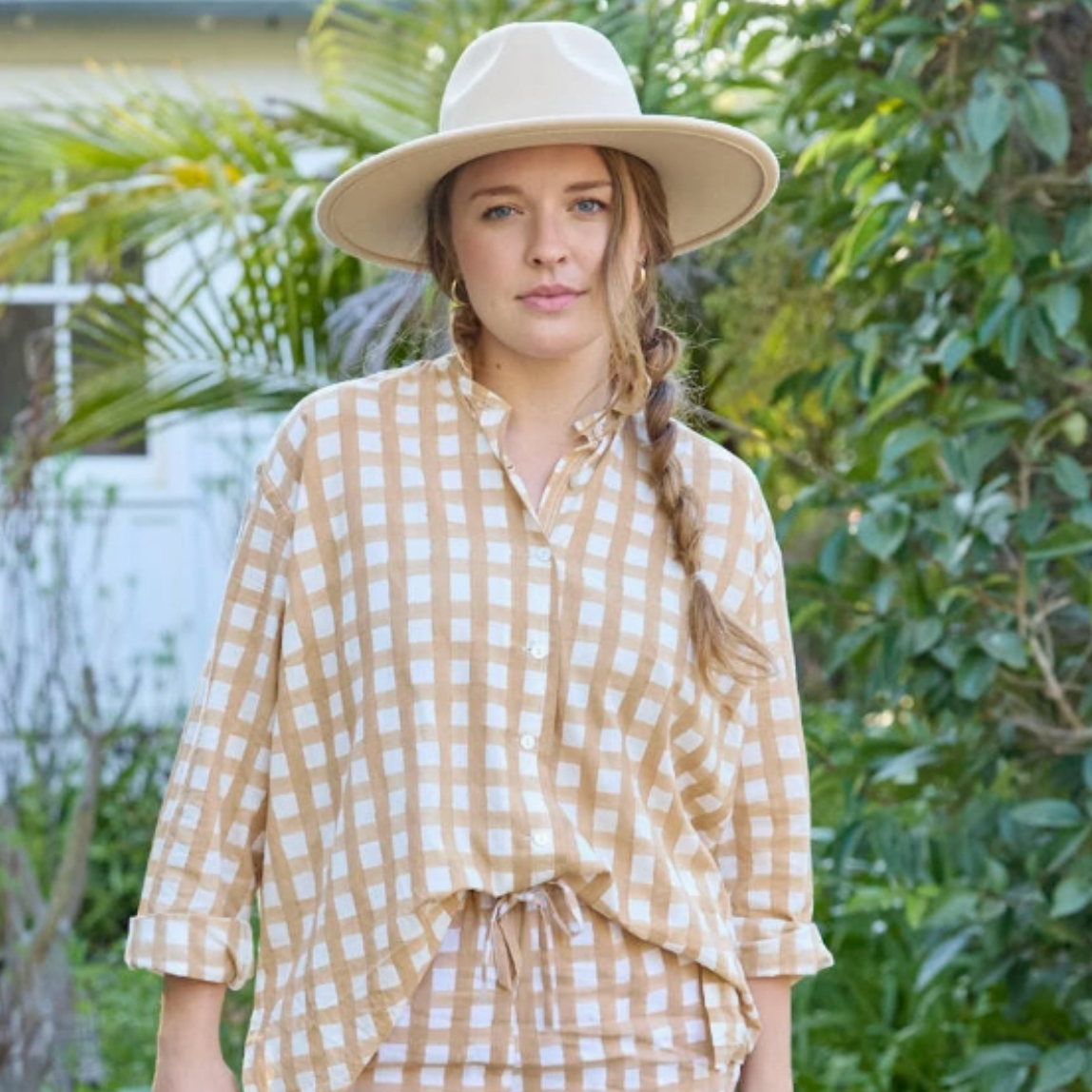 Relaxed Boyfriend Shirt - Gingham Picnic Baked Clay